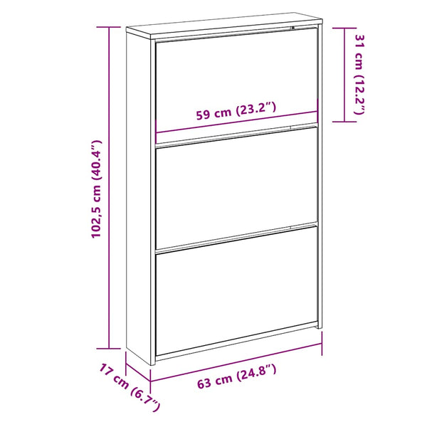 vidaXL Shoe Cabinet with Mirror 3 Compartments Concrete Grey 63x17x102.5 cm