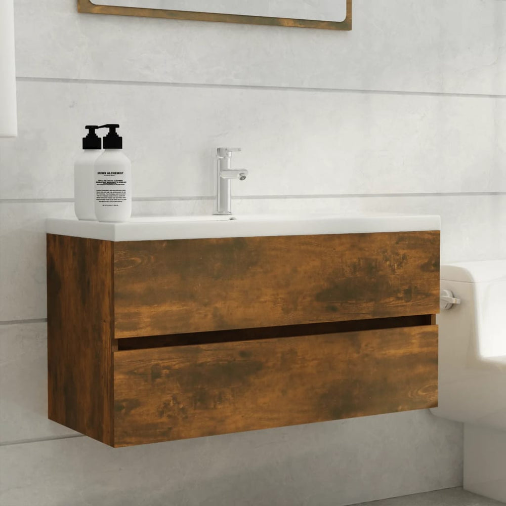 vidaXL Meuble sous-vasque chêne fumé 90x38,5x45 cm en bois d'ingénierie