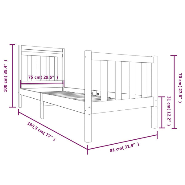 vidaXL Lit en bois massif noir 75x190 cm