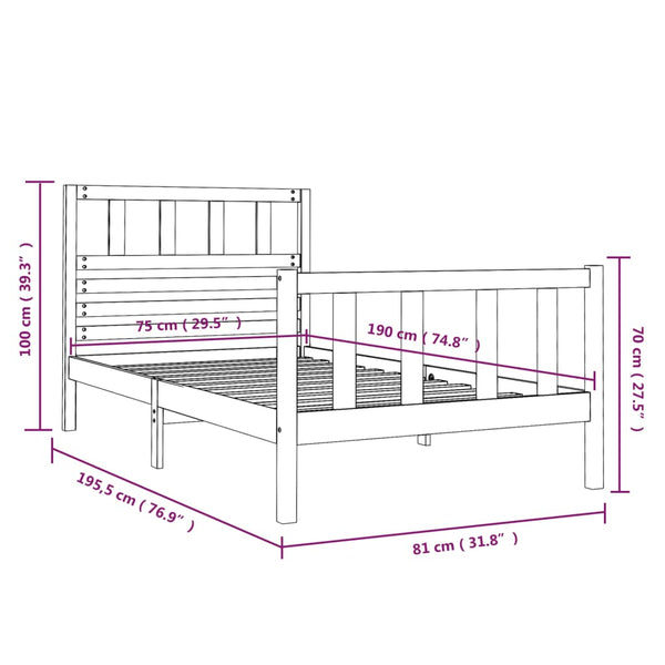 vidaXL Lit en bois massif noir 75x190 cm