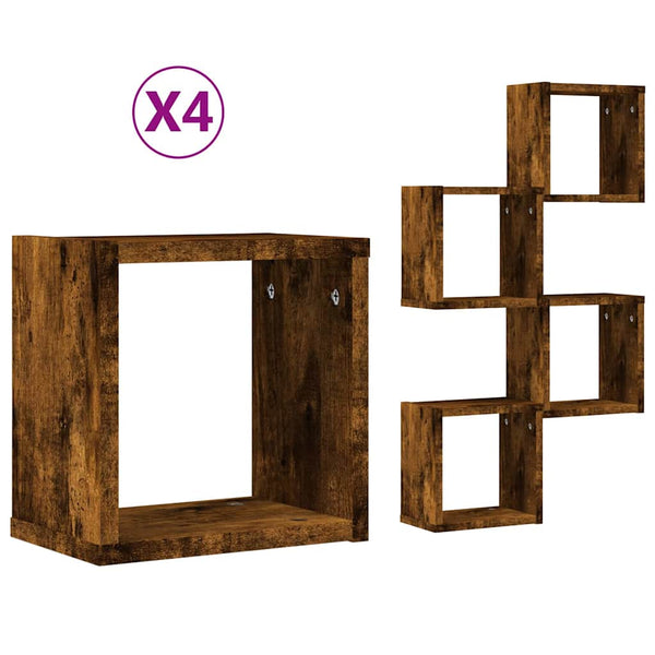 Wandregale mit Regal Geräucherte Eiche, 4er-Set