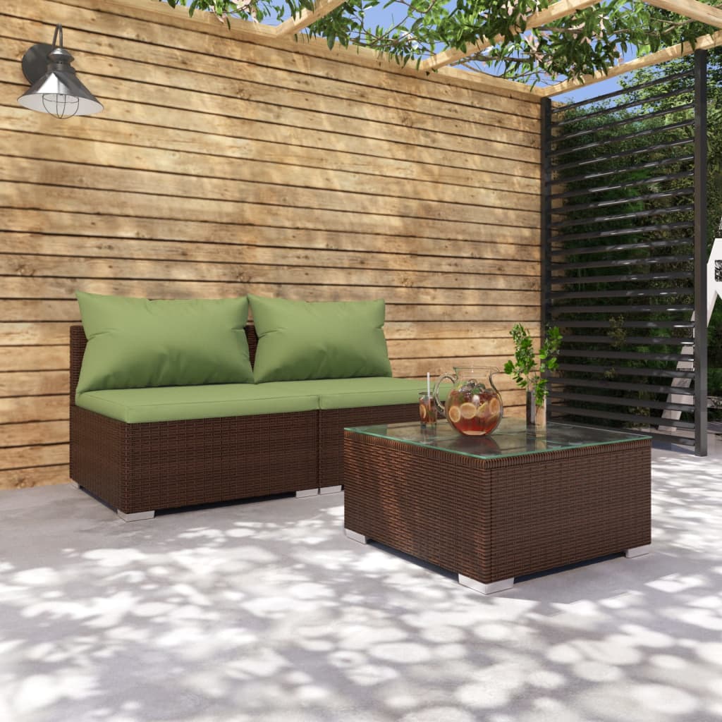 3-tlg. Garten-Lounge-Set mit Kissen Poly Rattan Braun