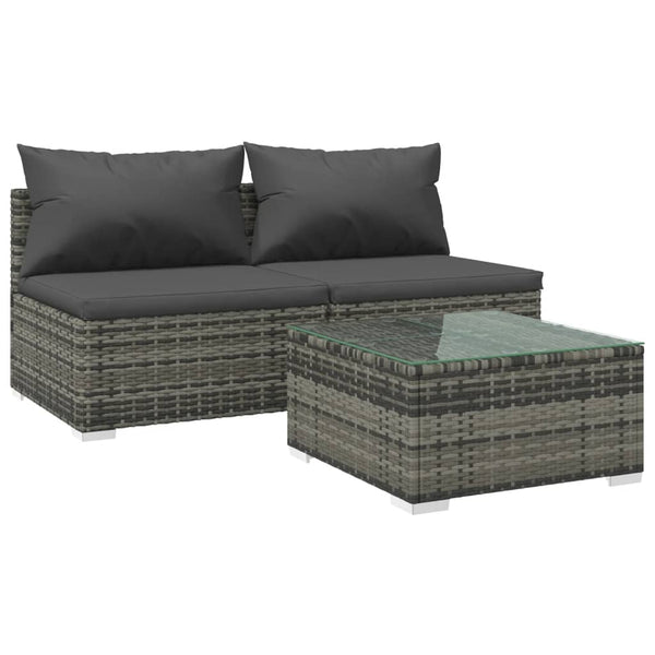 3-tlg. Garten-Lounge-Set mit Kissen Poly Rattan Grau