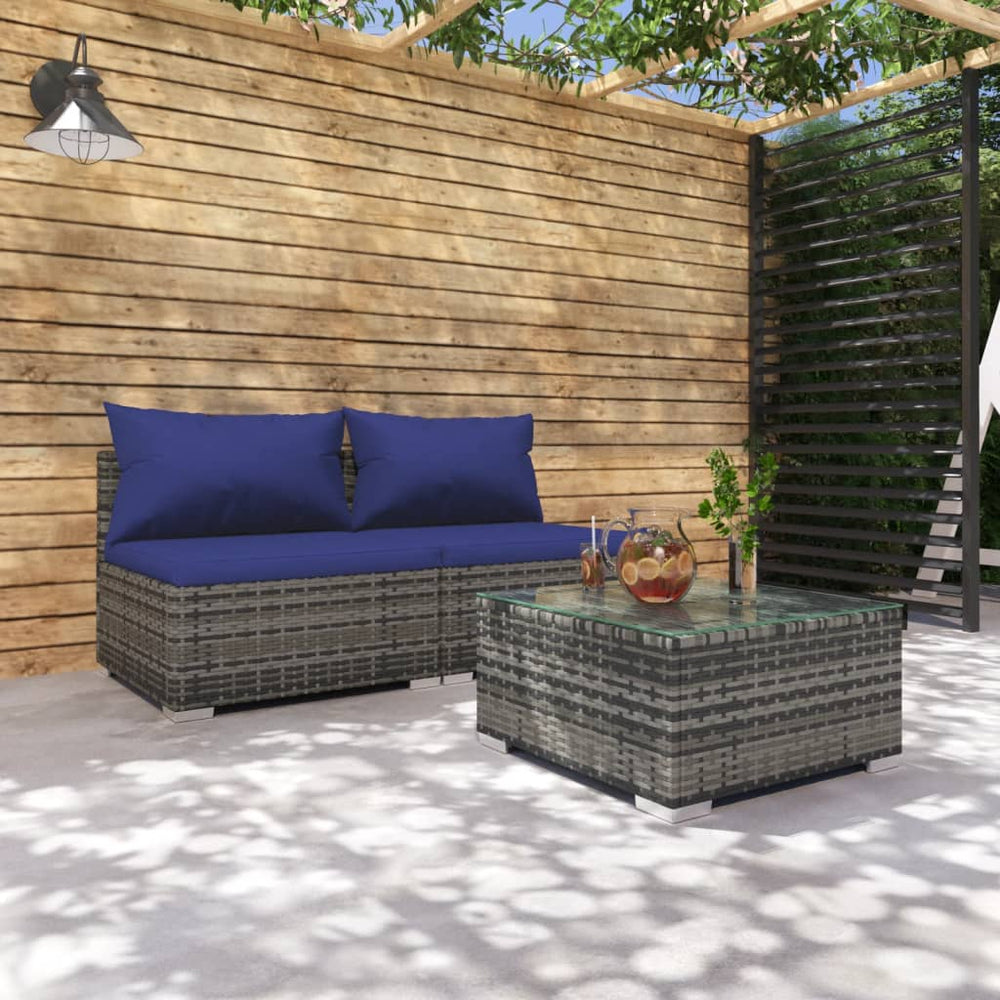 vidaXL Salon de jardin 3 pièces avec coussins résine tressée gris