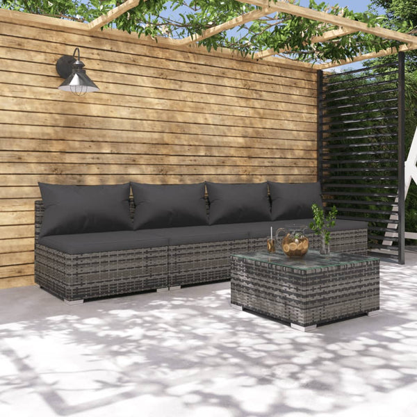 5-tlg. Garten-Lounge-Set mit Kissen Poly Rattan Grau