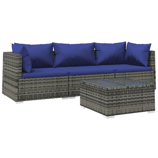 4-tlg. Garten-Lounge-Set mit Kissen Poly Rattan Grau