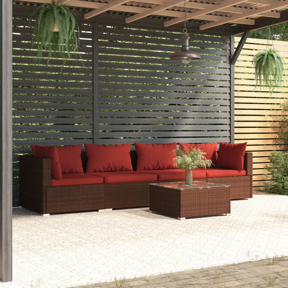 vidaXL Salon de jardin 5 pcs avec coussins résine tressée Marron