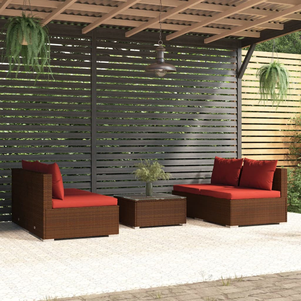 vidaXL Salon de jardin 5 pcs avec coussins résine tressée Marron