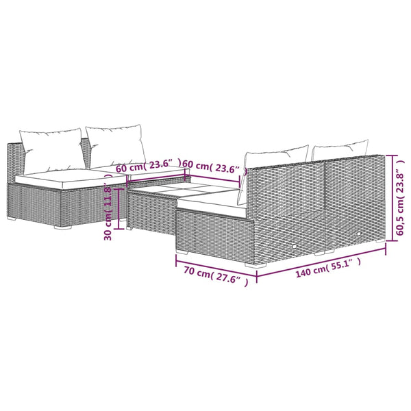 5-tlg. Garten-Lounge-Set mit Kissen Poly Rattan Grau