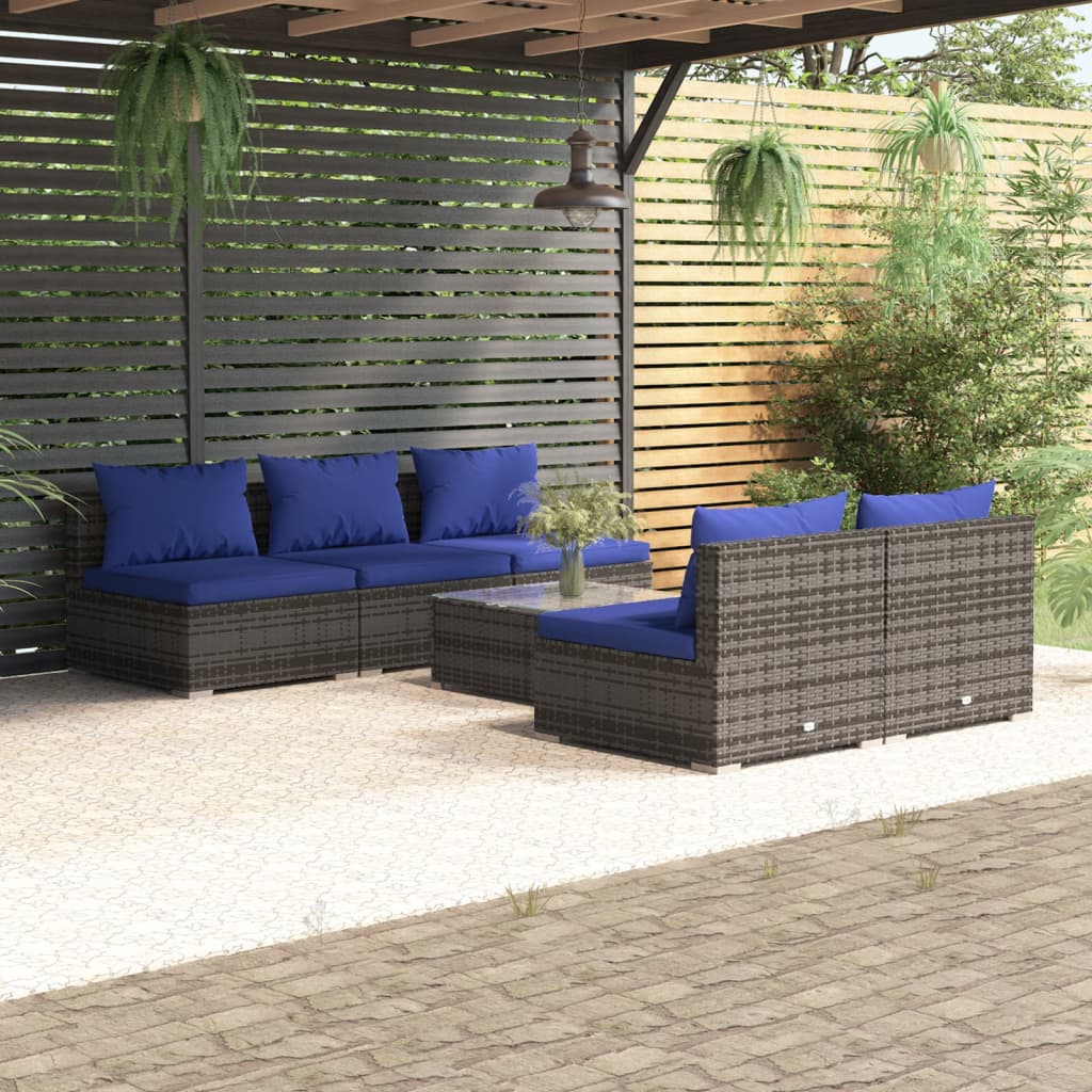6-tlg. Garten-Lounge-Set mit Kissen Poly Rattan Grau