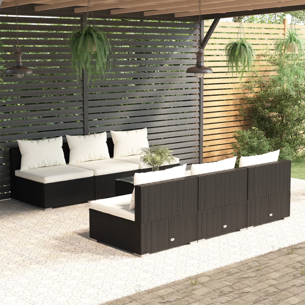 7-tlg. Garten-Lounge-Set mit Auflagen Poly Rattan Schwarz