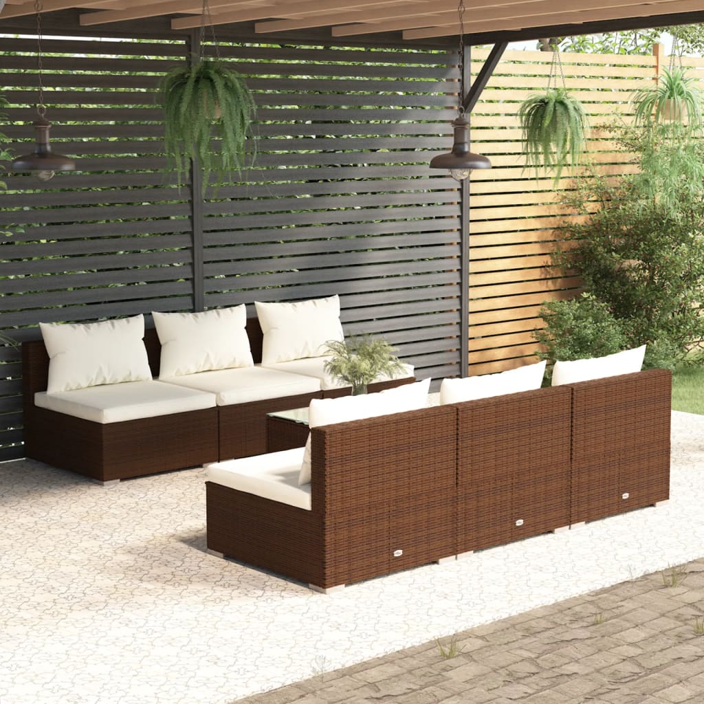 7-tlg. Garten-Lounge-Set mit Kissen Poly Rattan Braun
