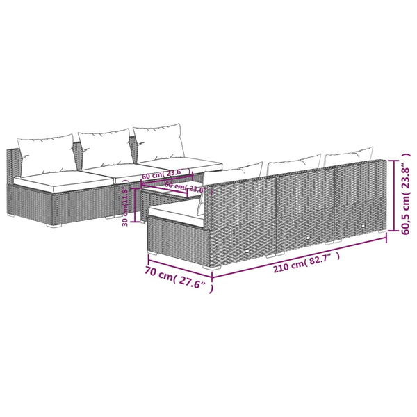 7-tlg. Garten-Lounge-Set mit Kissen Poly Rattan Grau