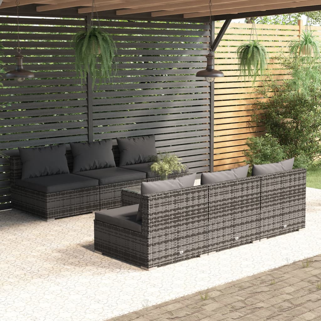 7-tlg. Garten-Lounge-Set mit Kissen Poly Rattan Grau