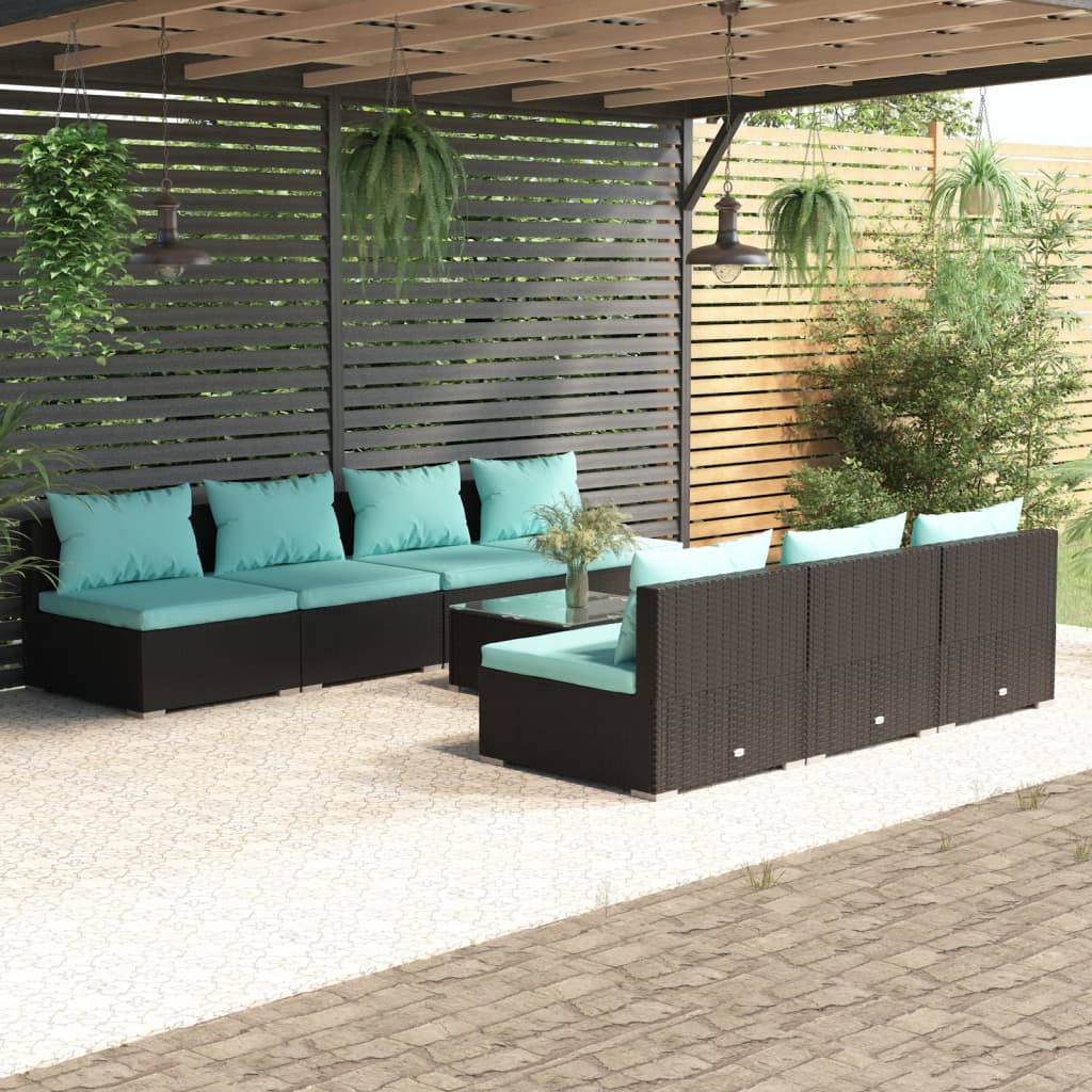 8-tlg. Garten-Lounge-Set mit Kissen Poly Rattan Schwarz