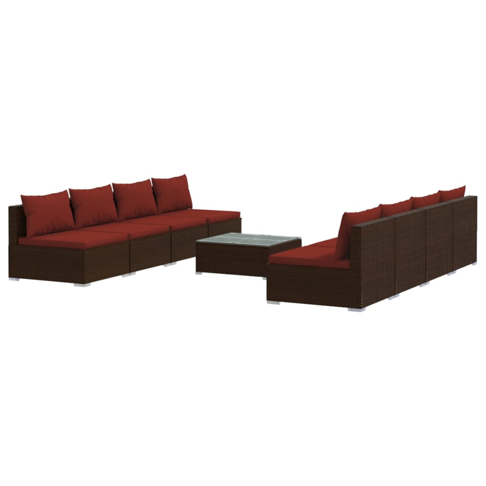 vidaXL Salon de jardin 9 pcs avec coussins résine tressée marron