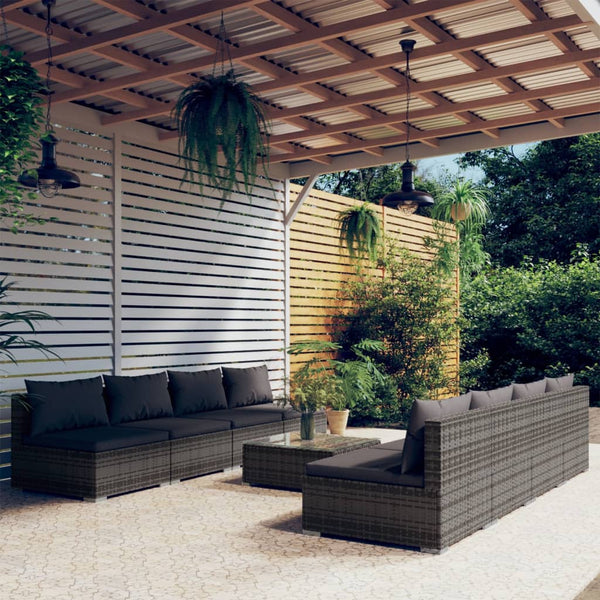 9-tlg. Garten-Lounge-Set mit Auflagen Poly Rattan Grau