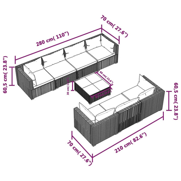 8-tlg. Garten-Lounge-Set mit Kissen Poly Rattan Grau