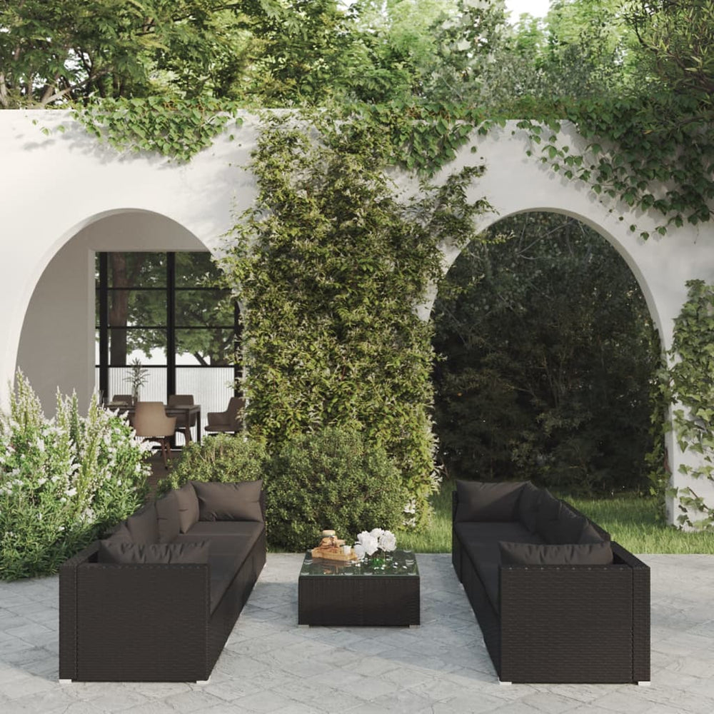 vidaXL Salon de jardin 9 pcs avec coussins résine tressée noir