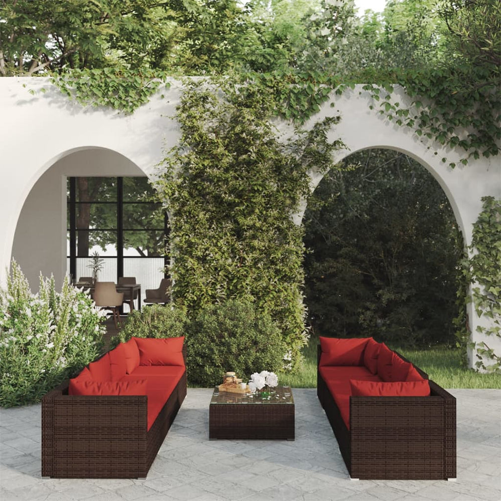 vidaXL Salon de jardin 9 pcs avec coussins résine tressée marron
