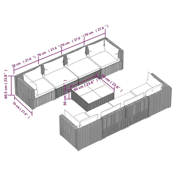 9-tlg. Garten-Lounge-Set mit Kissen Poly Rattan Grau