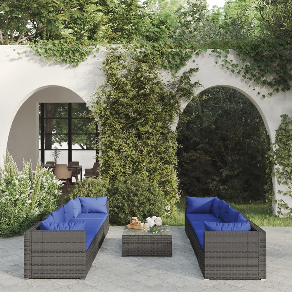vidaXL Salon de jardin 9 pcs avec coussins résine tressée gris