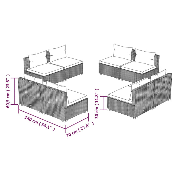 8-tlg. Garten-Lounge-Set mit Kissen Poly Rattan Grau