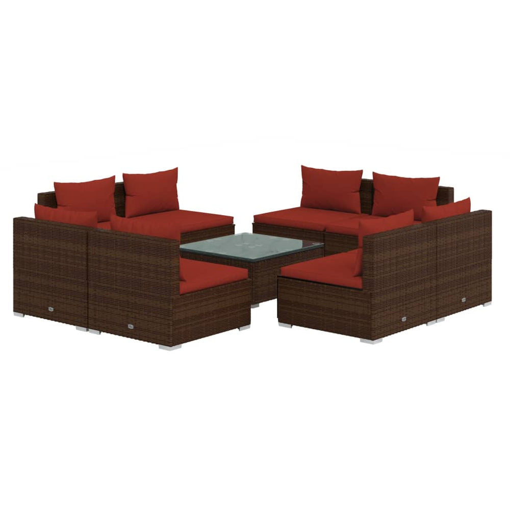 vidaXL Salon de jardin 9 pcs avec coussins résine tressée marron