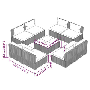 9-tlg. Garten-Lounge-Set mit Kissen Poly Rattan Braun