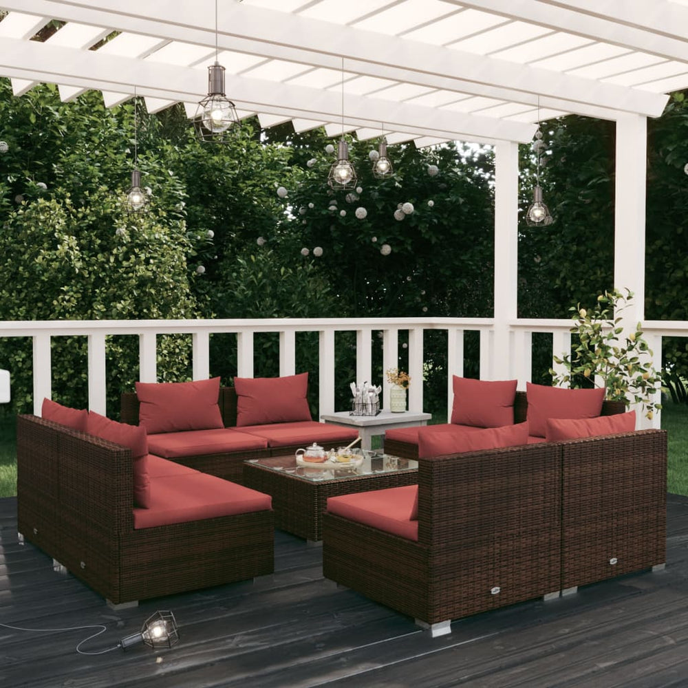 vidaXL Salon de jardin 9 pcs avec coussins résine tressée marron