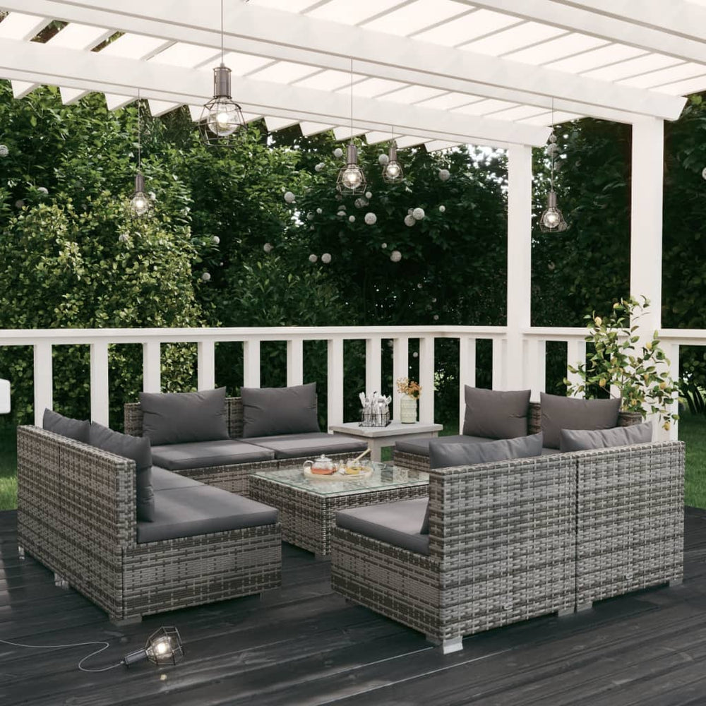 vidaXL Salon de jardin 9 pcs avec coussins résine tressée gris