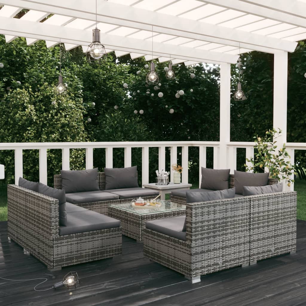 9-tlg. Garten-Lounge-Set mit Kissen Poly Rattan Grau