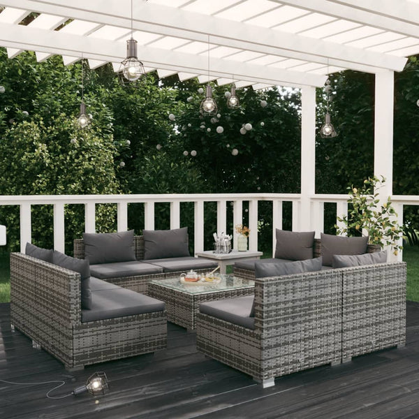 9-tlg. Garten-Lounge-Set mit Kissen Poly Rattan Grau