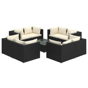 9-tlg. Garten-Lounge-Set mit Kissen Poly Rattan Schwarz