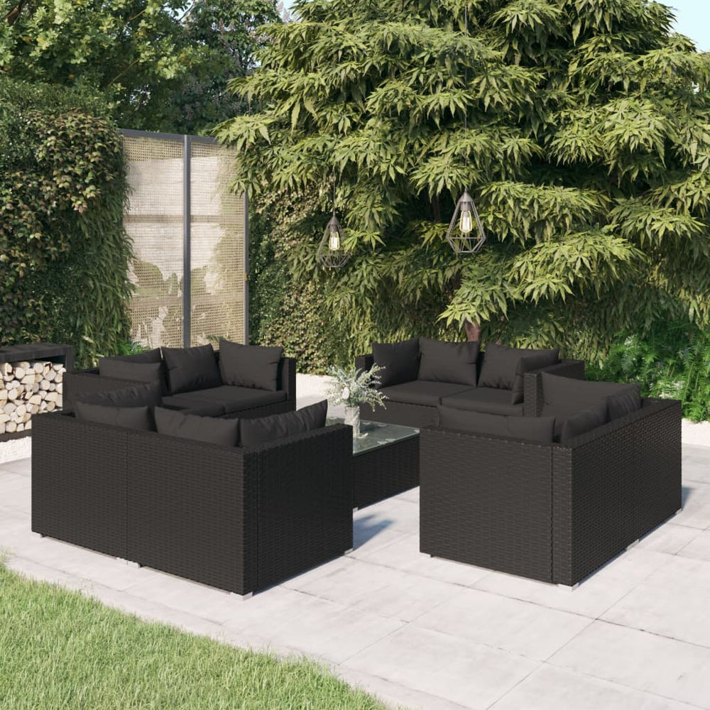 vidaXL Salon de jardin 9 pcs avec coussins résine tressée noir