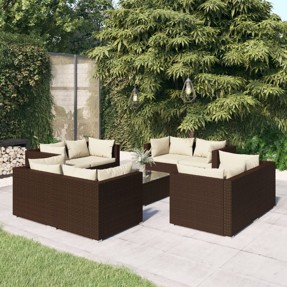 vidaXL Salon de jardin 9 pcs avec coussins résine tressée marron