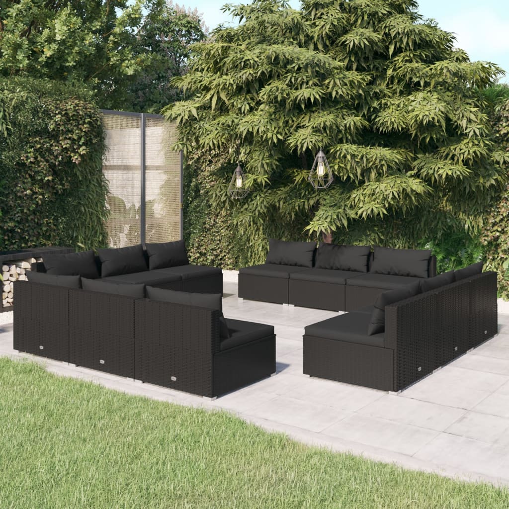 12-tlg. Garten-Lounge-Set mit Kissen Poly Rattan Schwarz
