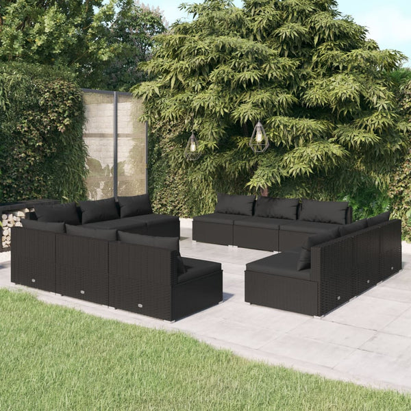 12-tlg. Garten-Lounge-Set mit Kissen Poly Rattan Schwarz