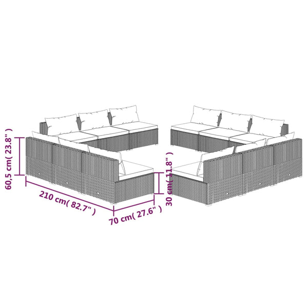 12-tlg. Garten-Lounge-Set mit Kissen Poly Rattan Braun