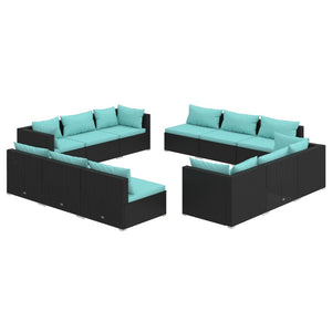 12-tlg. Garten-Lounge-Set mit Kissen Poly Rattan Schwarz