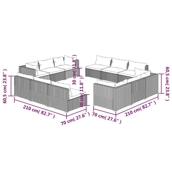 12-tlg. Garten-Lounge-Set mit Kissen Poly Rattan Grau