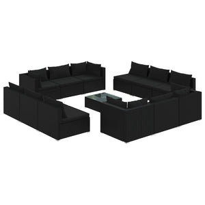 13-tlg. Garten-Lounge-Set mit Kissen Poly Rattan Schwarz