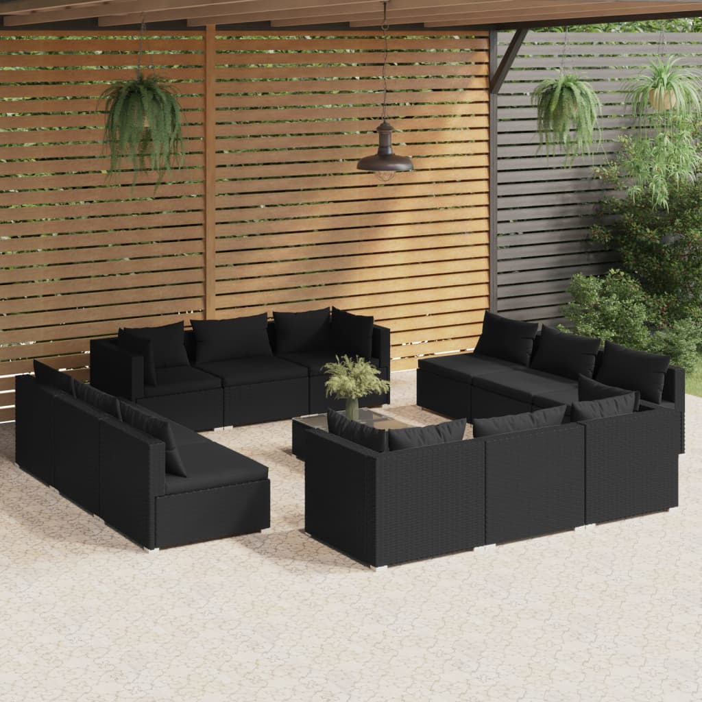 13-tlg. Garten-Lounge-Set mit Kissen Poly Rattan Schwarz