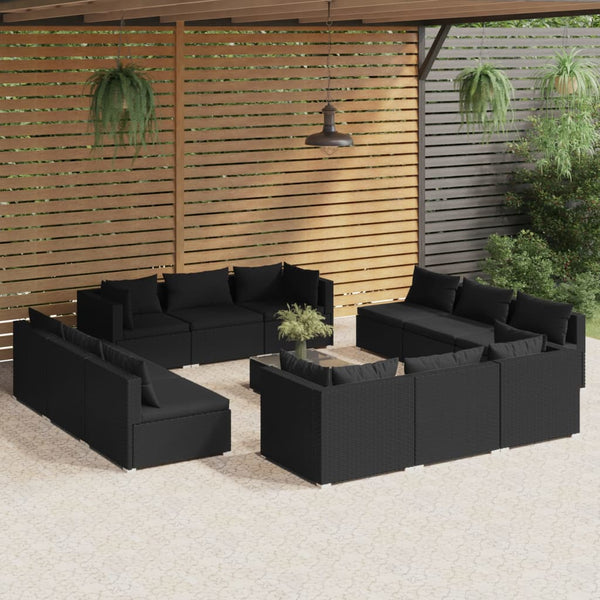13-tlg. Garten-Lounge-Set mit Kissen Poly Rattan Schwarz