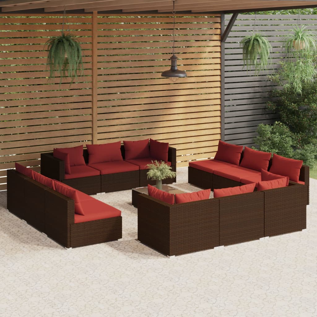 vidaXL Salon de jardin 13 pcs avec coussins résine tressée marron