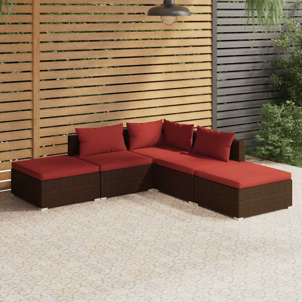 vidaXL Salon de jardin 5 pcs avec coussins résine tressée Marron