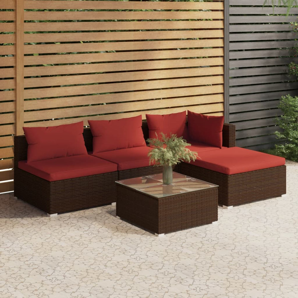 vidaXL Salon de jardin 5 pcs avec coussins résine tressée Marron