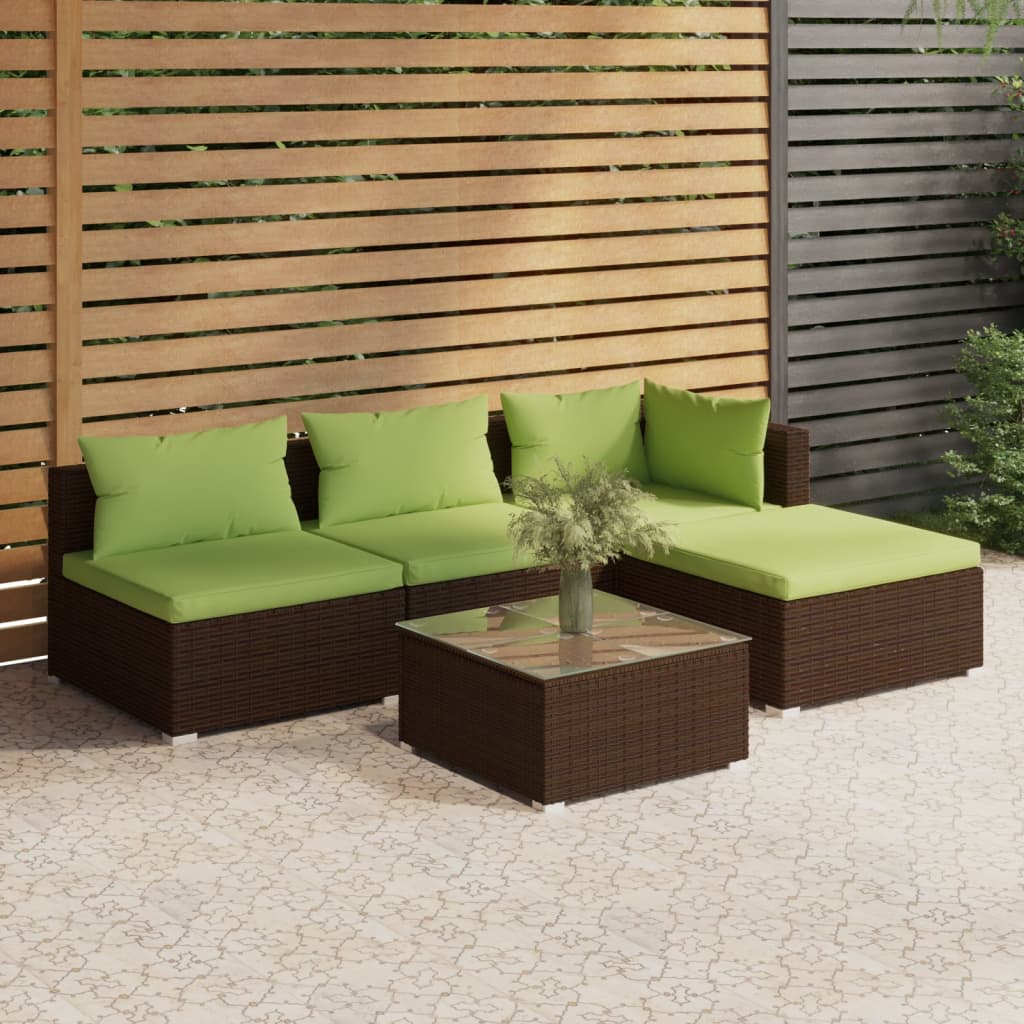 5-tlg. Garten-Lounge-Set mit Kissen Poly Rattan Braun