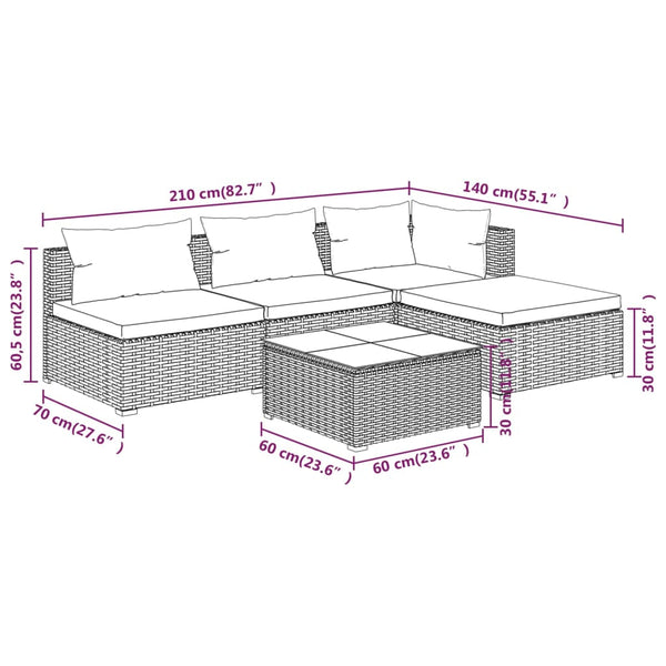 5-tlg. Garten-Lounge-Set mit Kissen Poly Rattan Grau