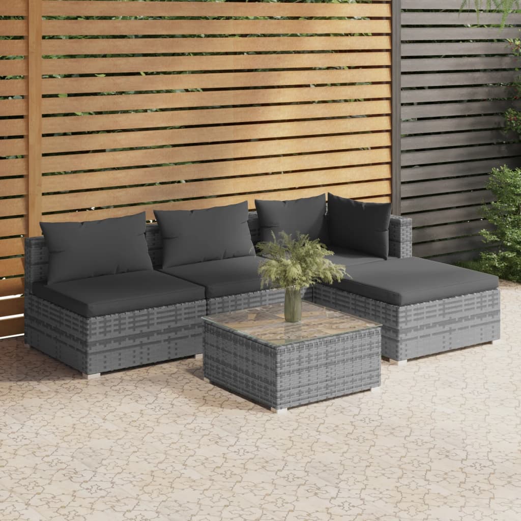 5-tlg. Garten-Lounge-Set mit Kissen Poly Rattan Grau